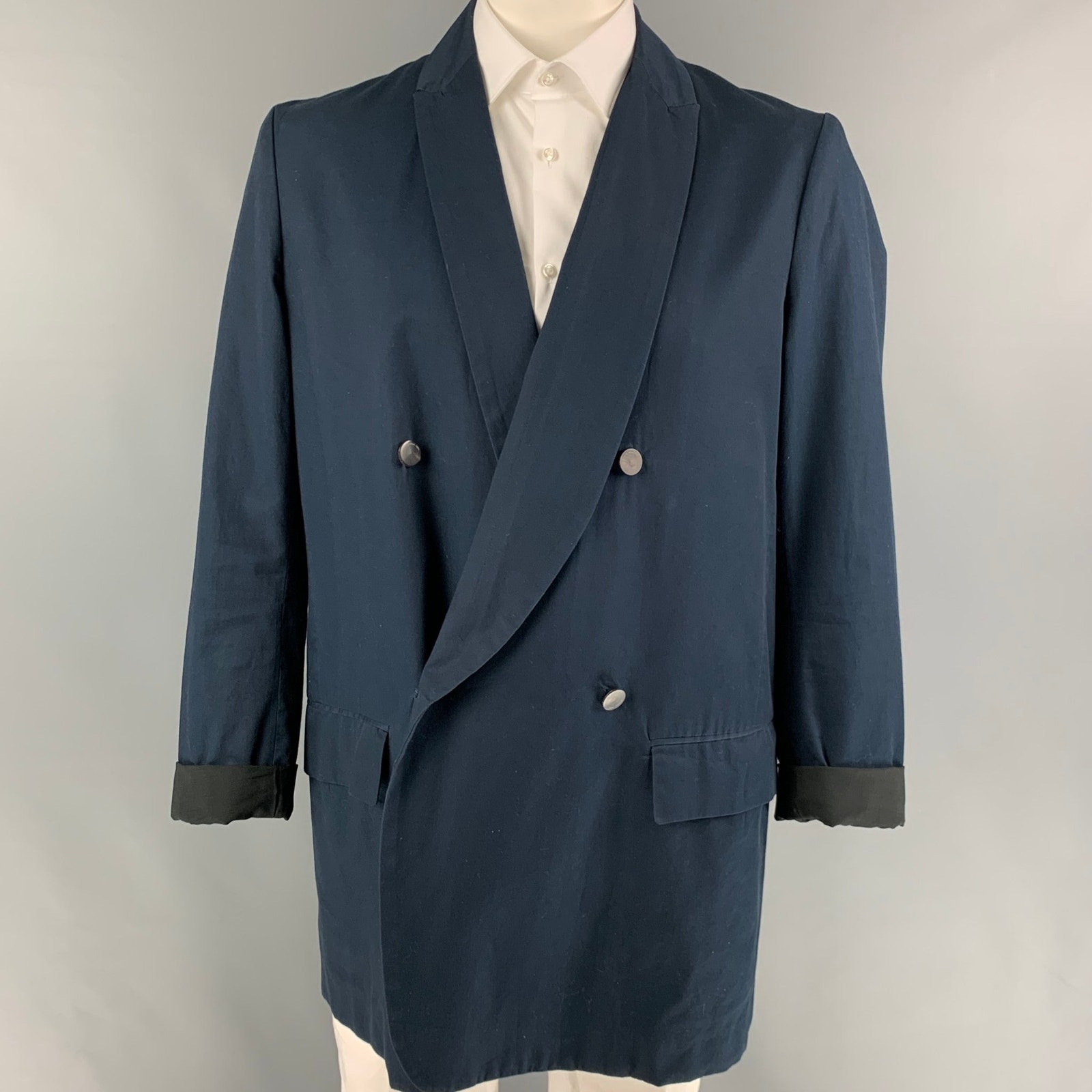 Edwina Horl Size L Navy Cotton Double Breasted Sport Coat
